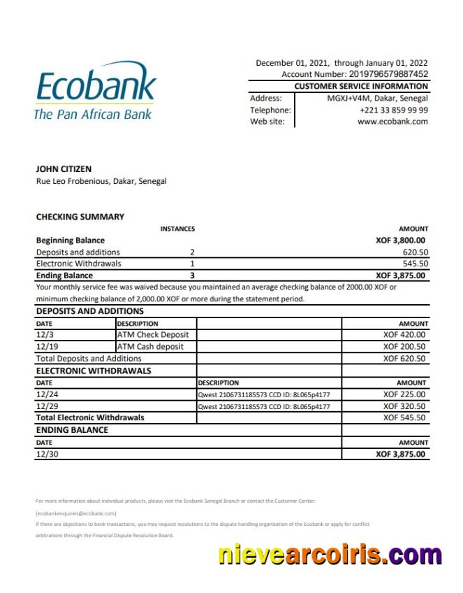 Senegal Ecobank bank statement xls